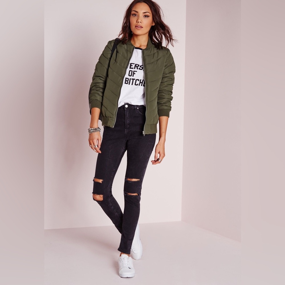 Vintage Missguided Olive Green Quilted Puffer Bomber Jacket USA Size 2 UK Size 6